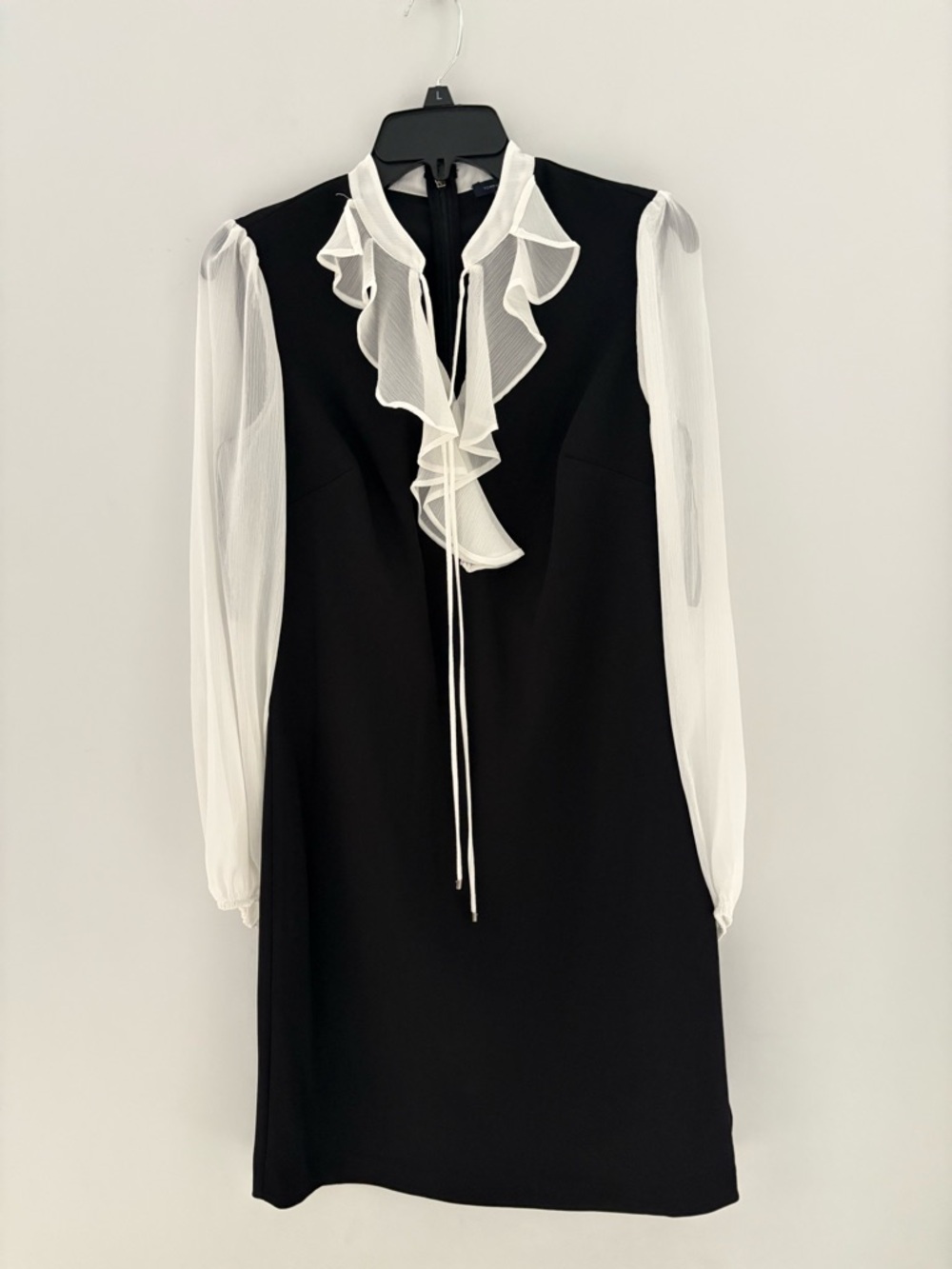 Tommy‎ Hilfiger Black Dress with White Ruffle-Front and Sheer Sleeves